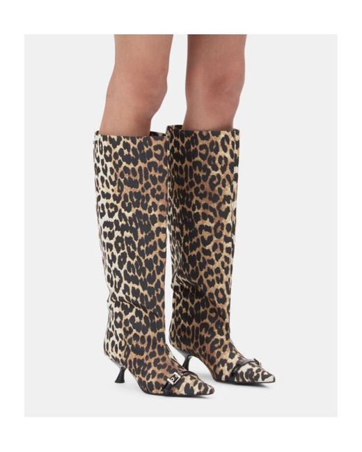Ganni White Leopard Print Pointed-Toe Knee-Length Boots