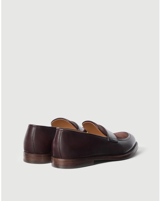 Brunello Cucinelli Brown Polished Calfskin And Suede Penny Loafers for men