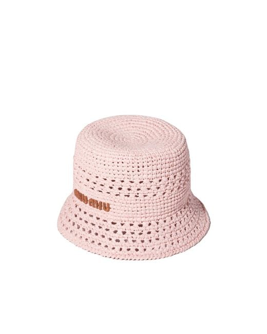 Miu Miu Pink Logo Embroidered Crochet-Knitted Bucket Hat