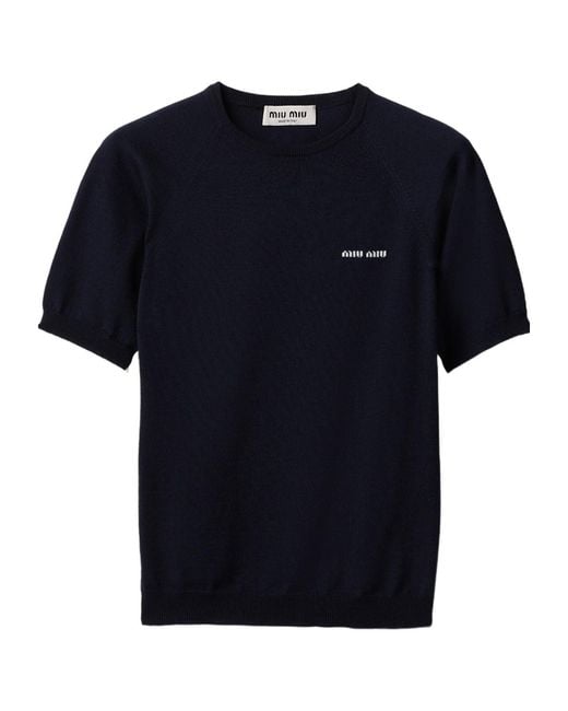 Miu Miu Blue Logo-Intarsia Crewneck Knitted Top