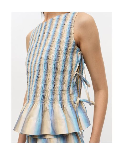 Ganni Blue Ombre Striped Smock Tie Top