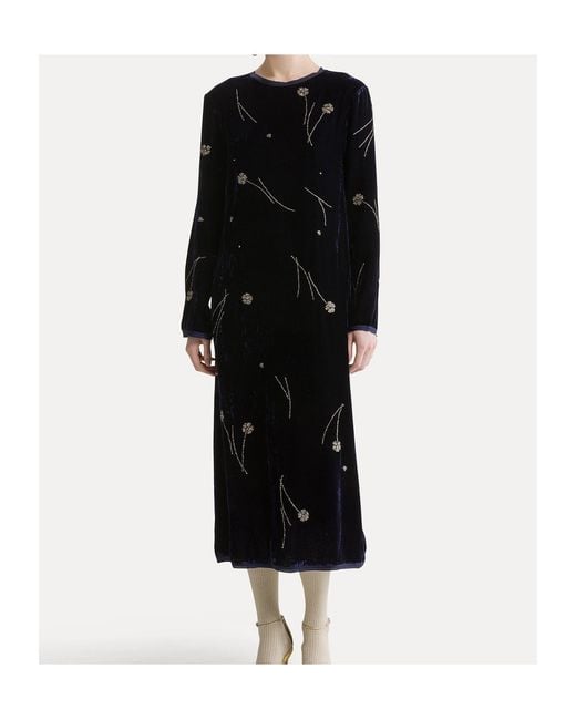 Forte_forte Blue Fleurs D'Orient Velvet Midi Dress