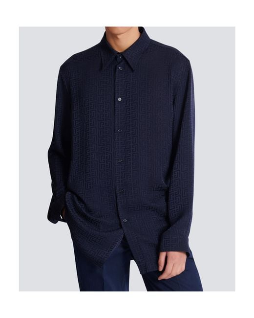 Balmain Blue Monogram Long-Sleeve Jacquard Shirt for men