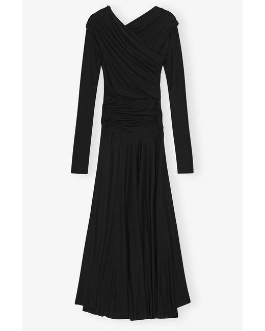 Ganni Black Ruched Long Dress