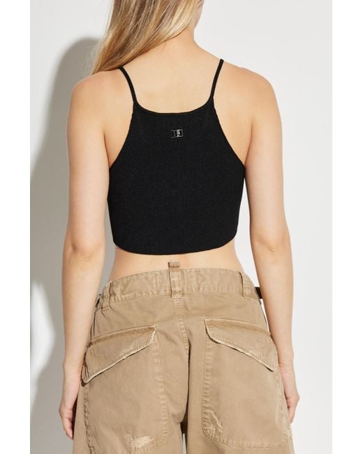 DSquared² Black Logo Plaque V-Neck Ribbed Cropped Top