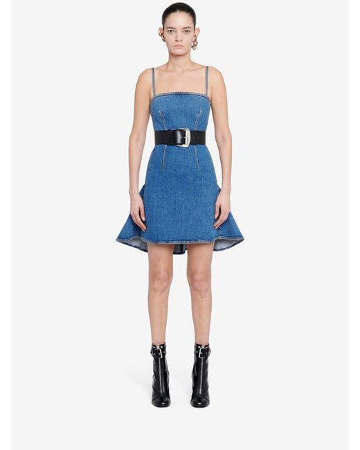 McQueen Blue Spaghetti Strap Denim Mini Dress