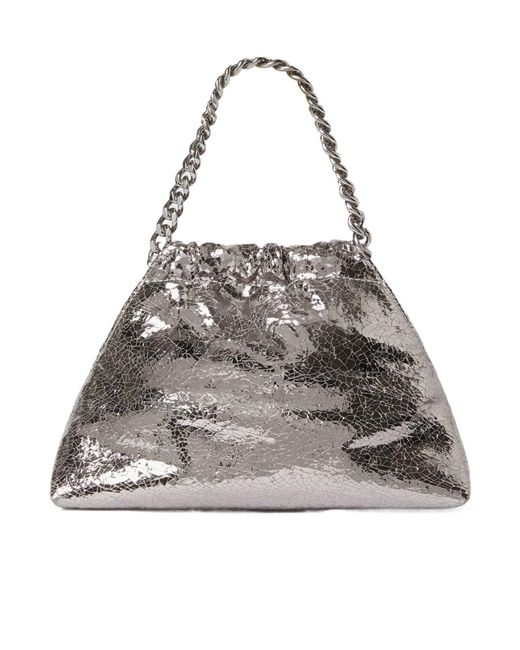 Stella McCartney Gray Falabella Cracked Metallic Drawstring Crossbody Bag