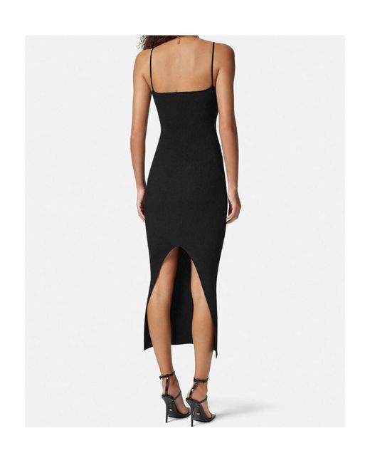 Versace Black Safety Pin Suspender Ribbed Midi Dress