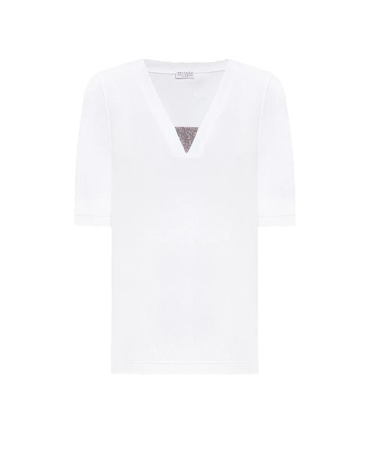 Brunello Cucinelli White Monili Chain-Embellished V-Neck T-Shirt