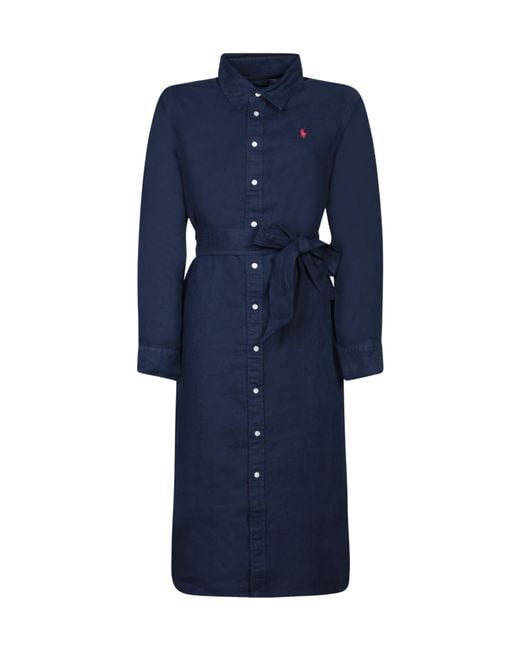 Polo Ralph Lauren Blue Pony Embroidered Tied-Waist Midi Shirt Dress