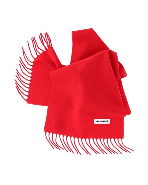 Jil Sander Red Fringed Logo Patch Scarf