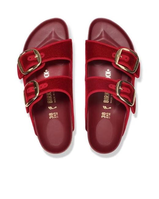 Birkenstock Red Arizona Big Buckle Piping Rivet Logo
