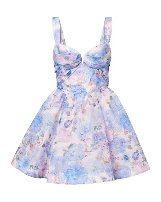 Zimmermann Blue Rebellion Floral Draped Linen And Silk Minidress