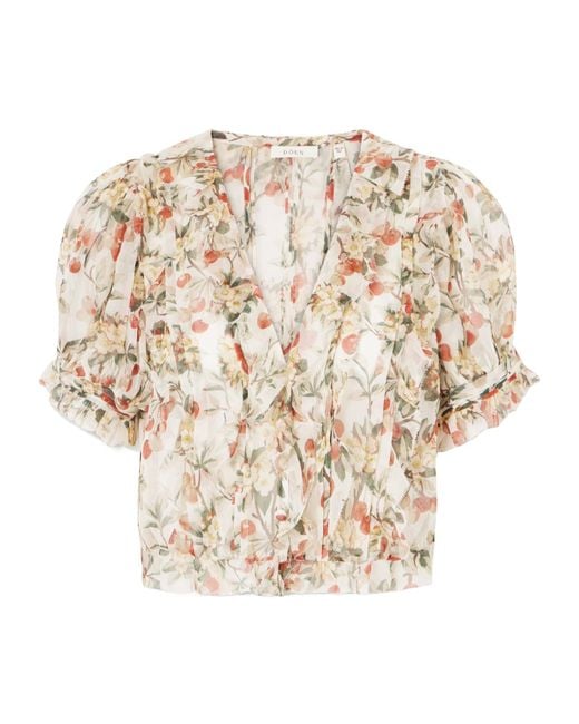 Doen Natural Ruffled Floral-Print Silk-Georgette Blouse