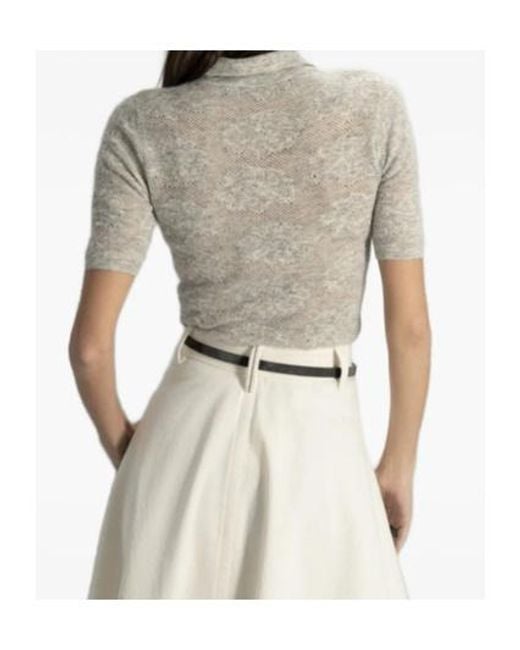 Brunello Cucinelli Gray Floral-Intarsia Polo-Collar Knitted Top