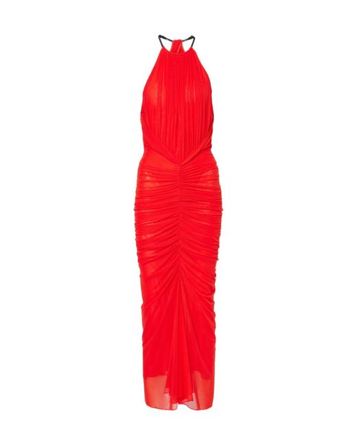 Mugler Red Pleated Neckline Midi Dress