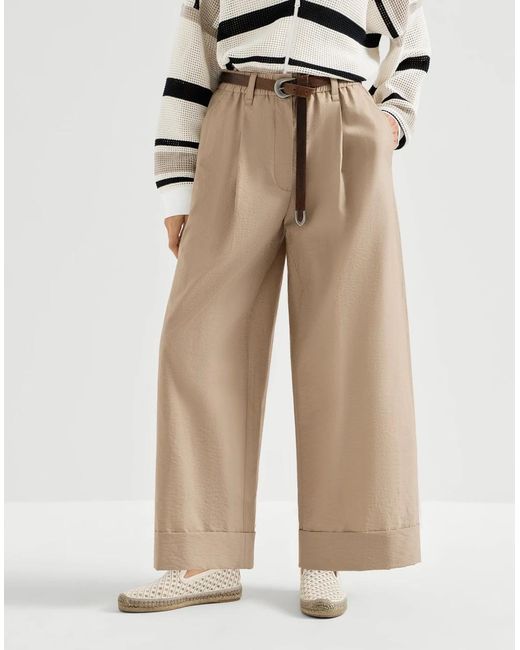 Brunello Cucinelli Natural Techno Cotton Poplin Boxy Pleated Trousers With Monili