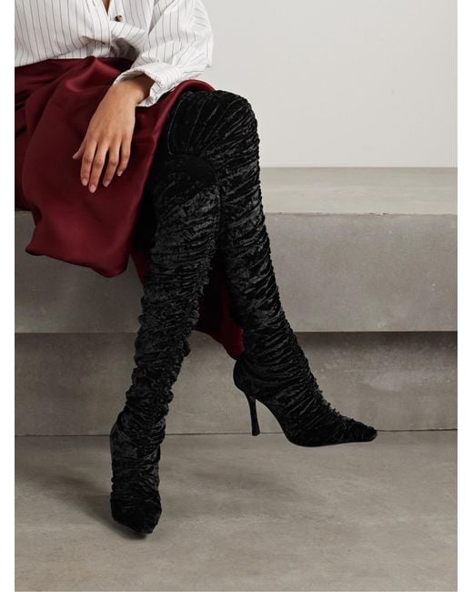 Jimmy Choo Black Lotta 100 Ruched Crushed-Velvet Over-The-Knee Boots