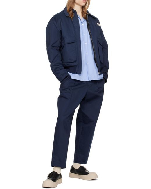 Marni Blue Pleated Tapered Leg Gabardine Trousers for men