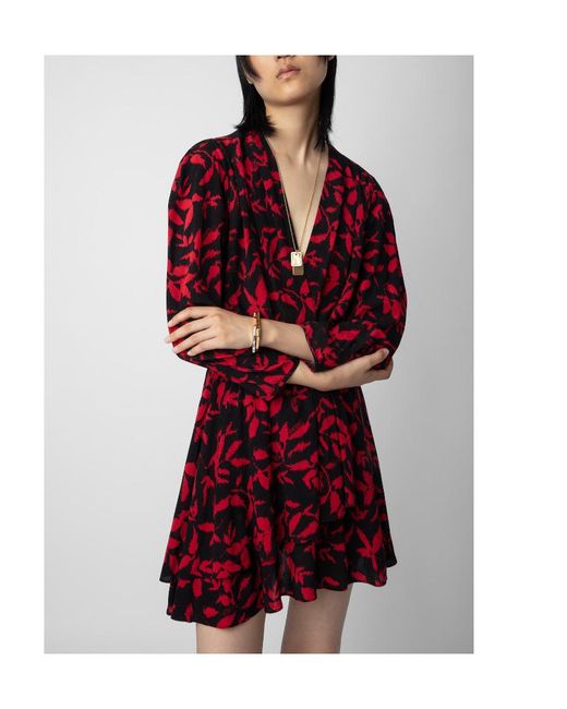 Zadig & Voltaire Red Rogers Leaf-Prionted Ruffled Mini Dress