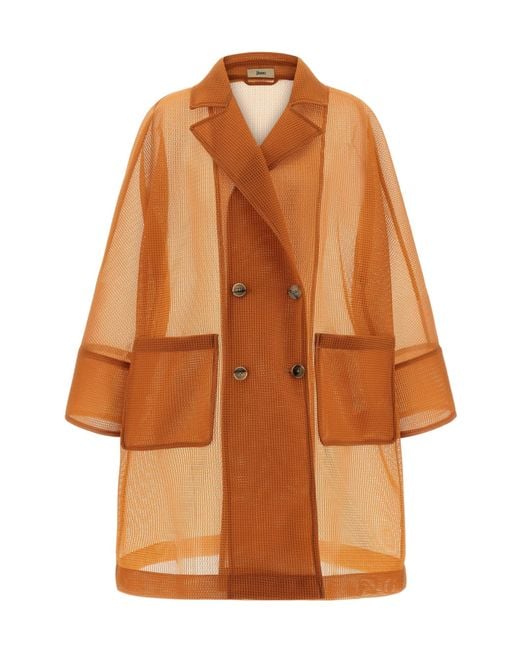 Herno Brown Double-Breasted Mesh Coat