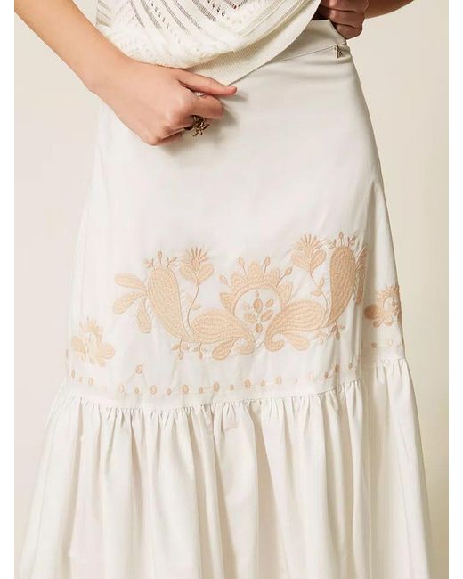 Twinset White Floral-Embroidered Tiered Skirt
