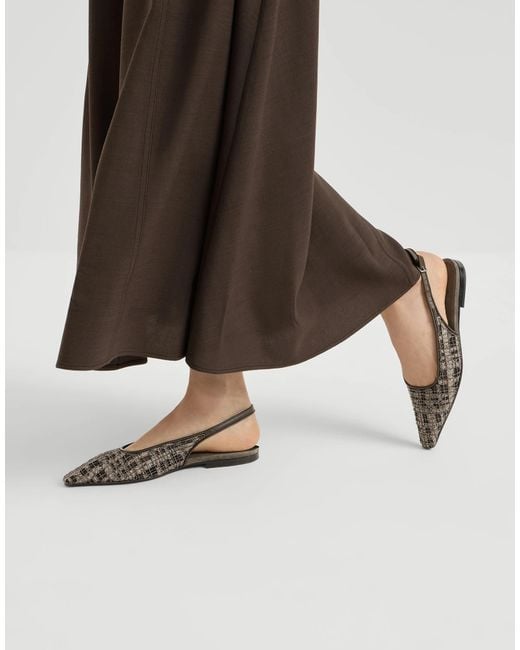 Brunello Cucinelli Brown Precious Check Embroidery Slingback Flats