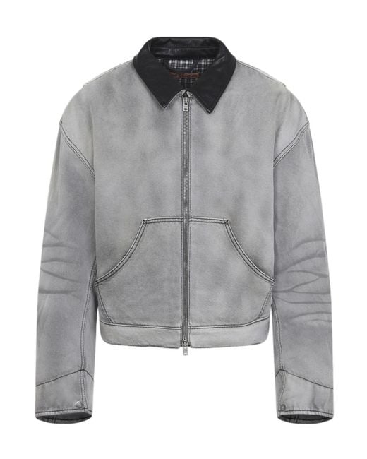 Acne Gray Zip Leather-Collar Denim Jacket for men