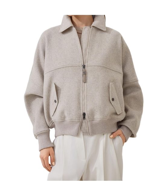 Brunello Cucinelli Gray Zip-Up Bomber Jacket