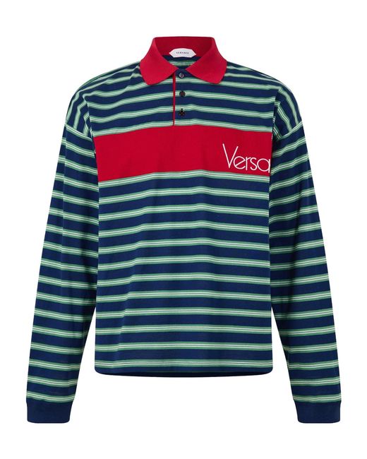 Versace Blue Striped Long-Sleeve Polo Shirt for men