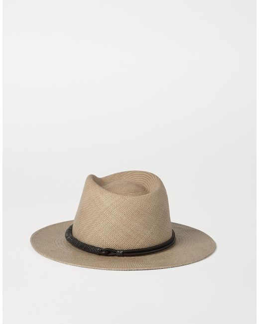 Brunello Cucinelli White Leather-Band Straw Fedora