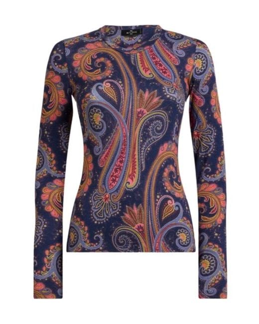 Etro Blue Jersey Sweater With Paisley Motif