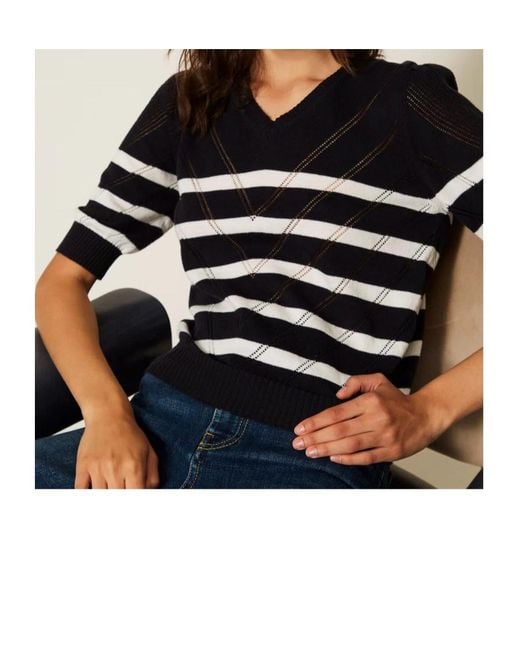 Twinset Blue Striped V-Neck Knitted Top