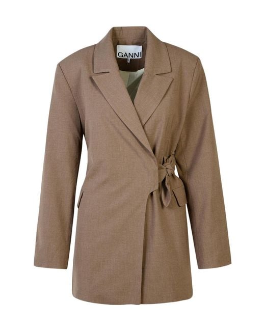 Ganni Brown V-Neck Wrap Blazer