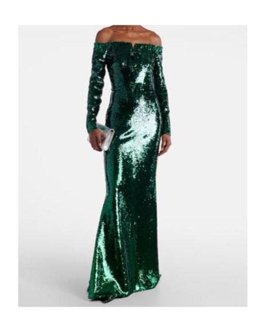 Elie Saab Green Sequined Off-Shoulder Gown