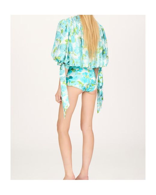 Chloé Blue Chloé Smocked Floral Tie-Sleeve Top