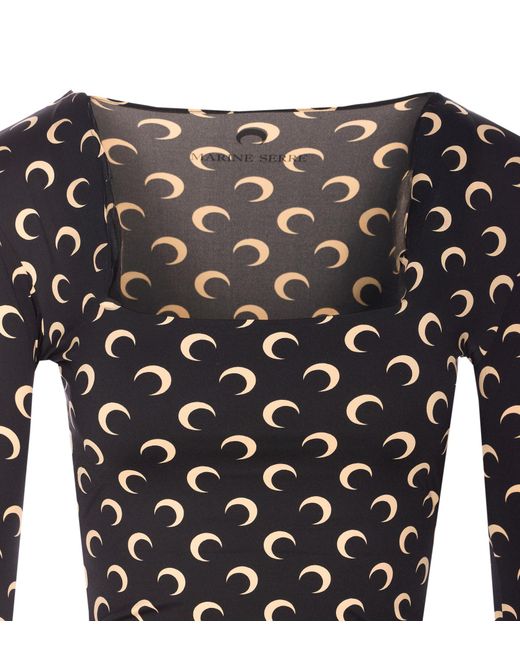 MARINE SERRE Black Moon Printed Jersey Square-Neck Top