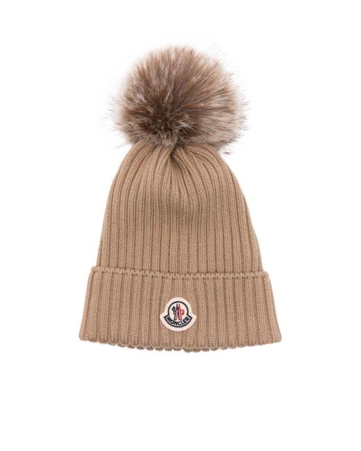 Moncler Natural Pom-Pom Ribbed Beanie Hat