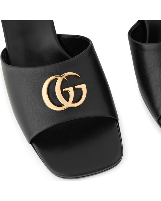 Gucci Black Smooth Leather Square-Toe Slide Sandals