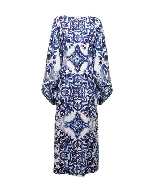 Dolce & Gabbana Blue Majolica Print Wide Sleeves Dress