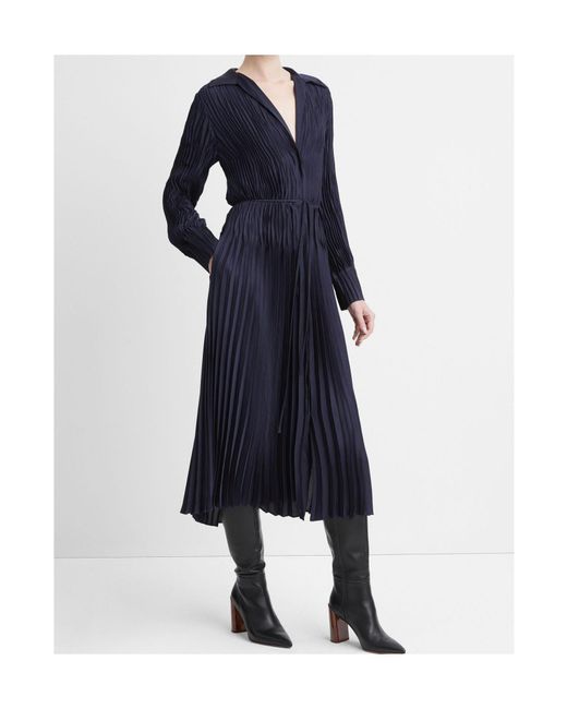 Vince Blue Long-Sleeve Pleated Shirtdress