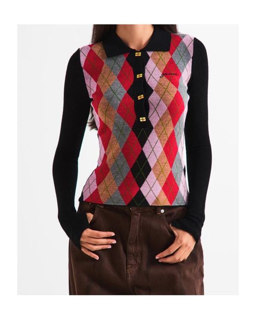 Ganni Red Plaid Long-Sleeved Top