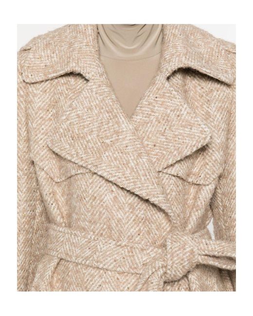 Tagliatore Natural Belted Herringbone-Pattern Coat