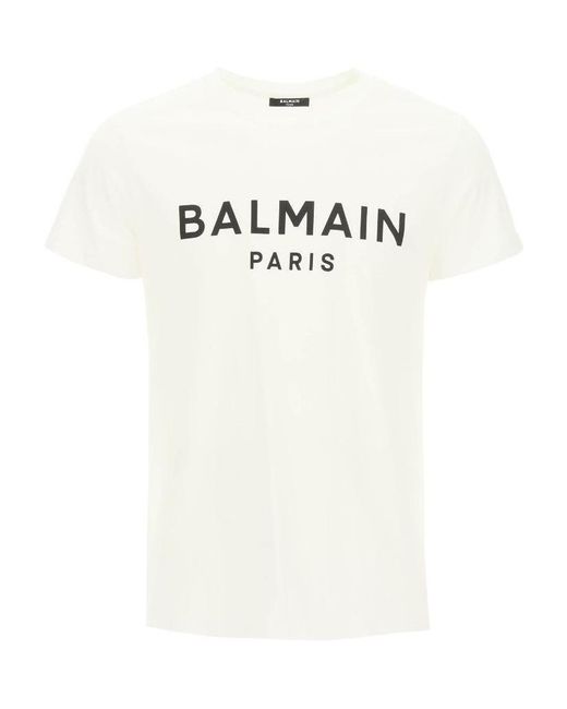 Balmain White Cotton T-Shirt With Paris Logo Print for men