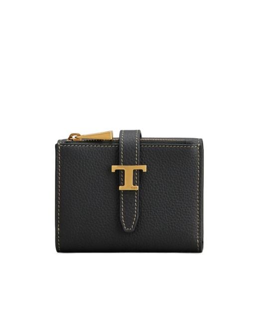 Tod's Black T Mini Zip Leather Wallet