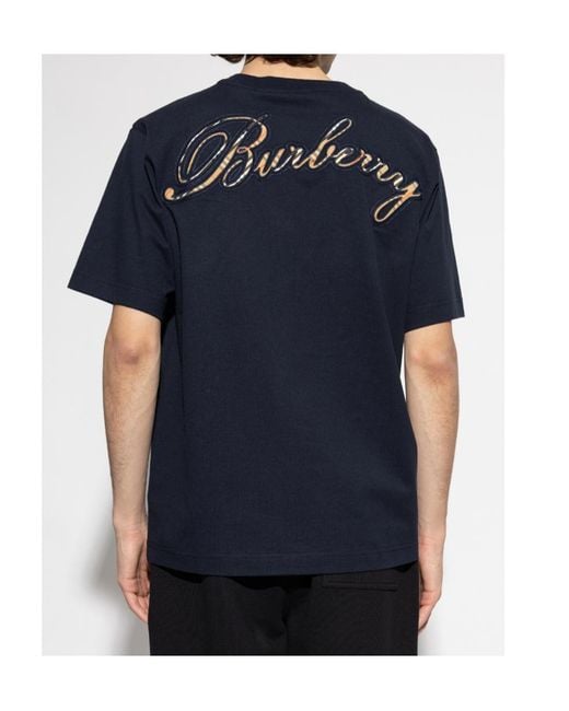 Burberry Blue Logo Embroidered Crewneck T-Shirt for men