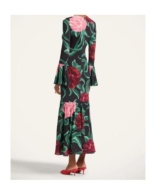 LaDoubleJ Green Alba Floral Ruffled Midi Dress
