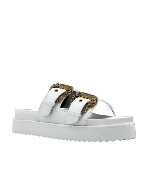 Versace Jeans White Couture Double Baroque-Buckle Platform Slides