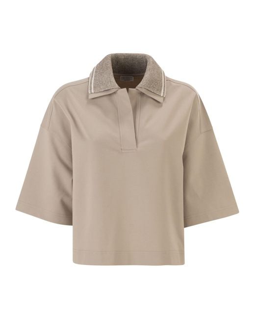 Brunello Cucinelli Natural Interlock Couture Polo Shirt With Sparkling Knitted Collar
