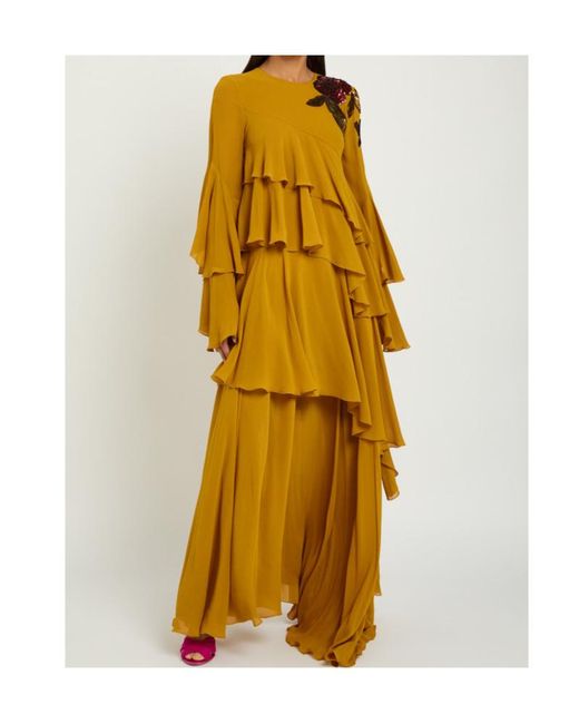 LaDoubleJ Yellow Naiad Ruffled Embellished Silk-Georgette Maxi Dress